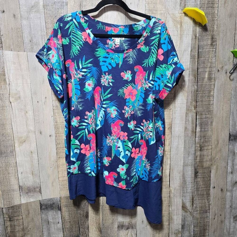 Lemon Way Blue Parrot Tropical Print Tunic Tee 1x Resort Coastal Hawaii Cruise